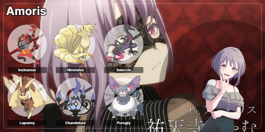 Incineroar is the perfect starter for her.
Ninetales, Salazzle match her type and her outer persona. Lopunny is also a fit for said outer persona, and serve as a tie to Umiri. Chandelure represents her flame, just a little twisted, but always lights up the room, and matches ghosts with Mutsumi. Purugly is her true self, strong, hardworking, and also a cat.