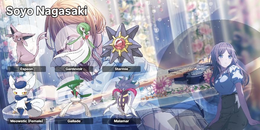 Espeon is her starter, and just the most Soyo vibes pokemon IMO.
Gardevoir is tied to Anon, the girl who helped her break out of her shell, and embrace every part of her, even the parts that make others uncomfortable.
Starmie is for Tomori, the guiding star who gave her a path to follow. The words together for the rest of their lives only makes sense, for two starfish glued together.
Meowstic is Raana, the cat who while capricious, always comes back to the lost girls in the end.
Gallade is Taki, in a sort of mirror to Anon, Taki has been tied to her through thick and thin, and the fighting type mirrors Gardevoir's fairy type, which is why she and Anon are always butting heads.
Malamar is the topsy turvy pokemon, and represents Soyo's complicated relationship with Sakiko and Mutsumi. She's been a help, a shelter, a hindrance, and utlimately while they found new paths apart, it helped Soyo blossom in the long run. As for Ave Mujica... well...