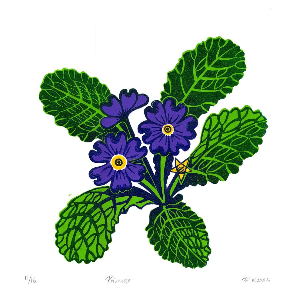 Linocut print of a flowering purple primrose with patterned leaves.