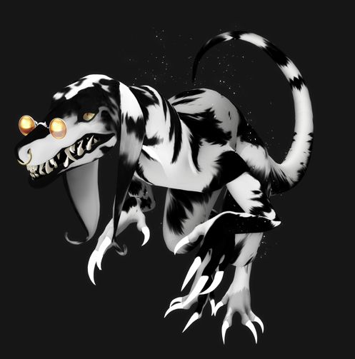 A screenshot from Second Life depicting the Crux X avatar (from Mutation Industries) in front of a dark grey backdrop. The Crux has a white base, and it's covered in asymmetrical black markings.