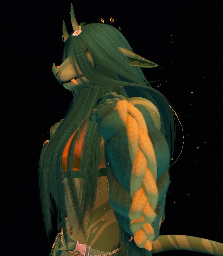 A screenshot from second life depicting a green monster avatar with stripes, a pair of horns, pointed ears, long hair, and an outfit that is a mix of green, orange, yellow, and teal.