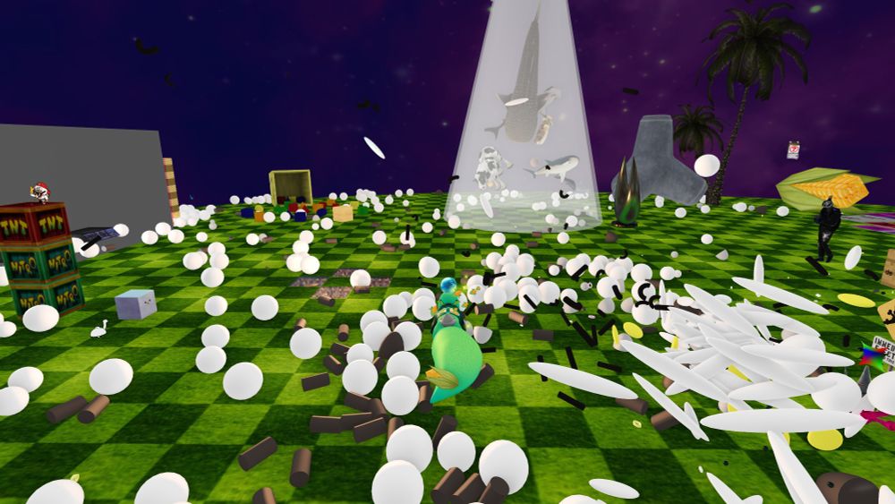 A screenshot from Second Life depicting an open space with a green, checkered floor. All over the floor is a bunch of shapes (I was clicking a prim wooloo and seagull over and over). There's a giant, low poly corn in the right far corner. On the left is a stack of three TNT boxes. Further away is a bunch of marine animals being abducted by a UFO.