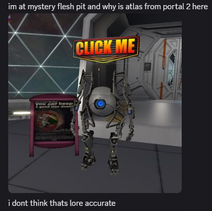 A screenshot from Second Life depicting Atlas standing around. The caption above it says "I'm at mystery flesh pit and why is atlas from portal to here? i don't think that's lore accurate."
