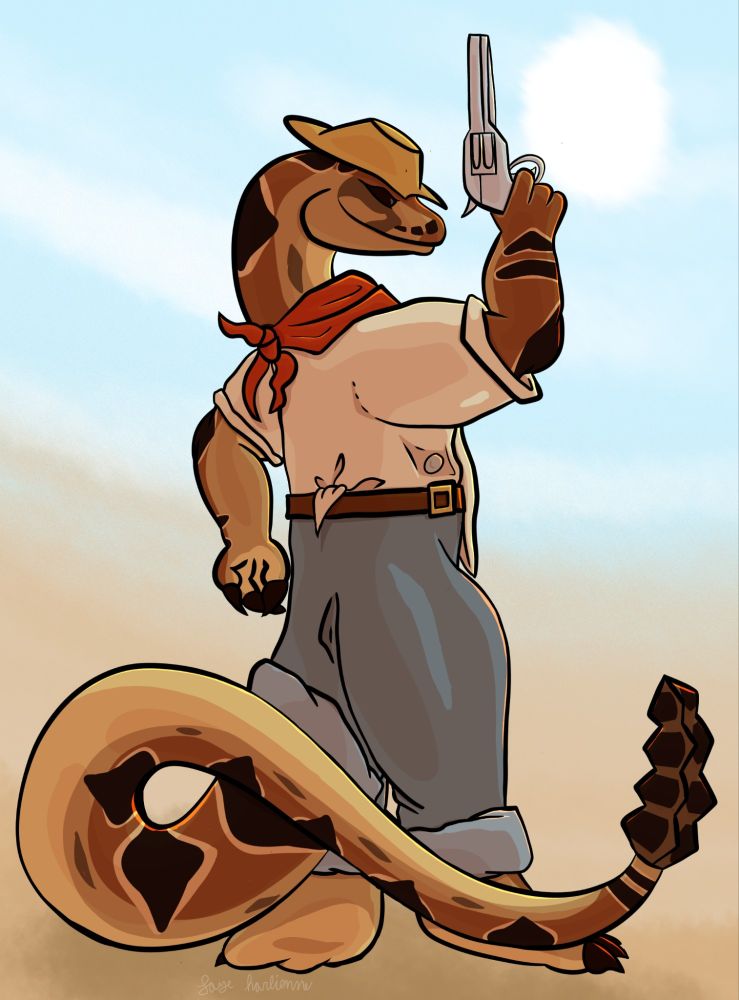 A full-body illustration of an anthropomorphic snake character. He points a gun at the sky. He is wearing a white shirt, pants, a bandana around his neck, and a cowboy hat.