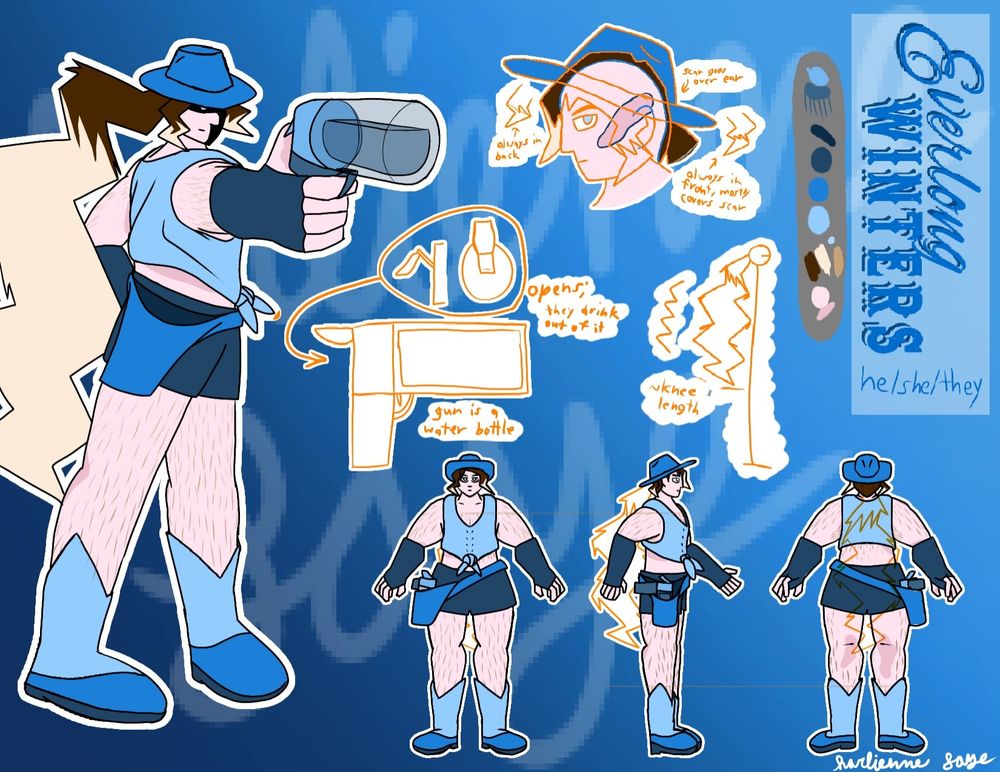 A reference sheet for Everlong Winters, a humanoid character. He uses he/she/they pronouns. She wears boots, short shorts, a tank top, and a cowboy hat, and has a knee-length ponytail. She holds a water bottle, which is shaped like a gun. This sheet has a full-body picture of him, a turnaround, a color palette, and references for their water bottle and their hair.