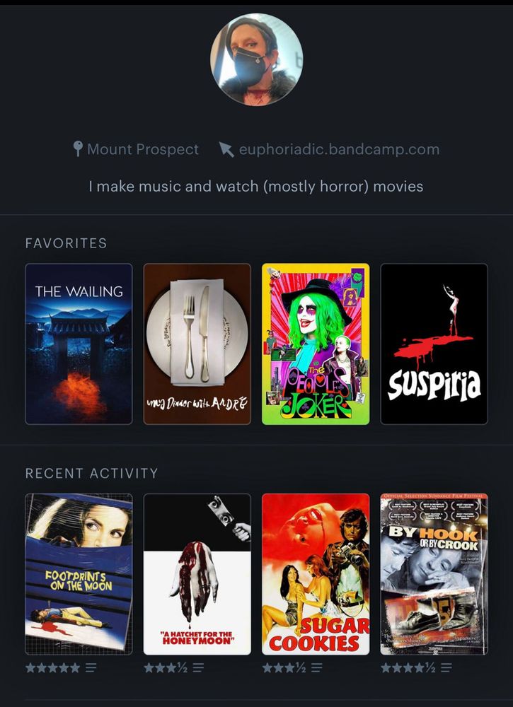 @whatfreshhell letterboxd profile

Favorites:
The Wailing/ My Dinner With Andre/ The People’s Joker/ Suspiria (1977)

Last Four Watched:
Footprints (1975)/Hatchet For the Honeymoon/ Sugar Cookies/ By Hook or by Crook