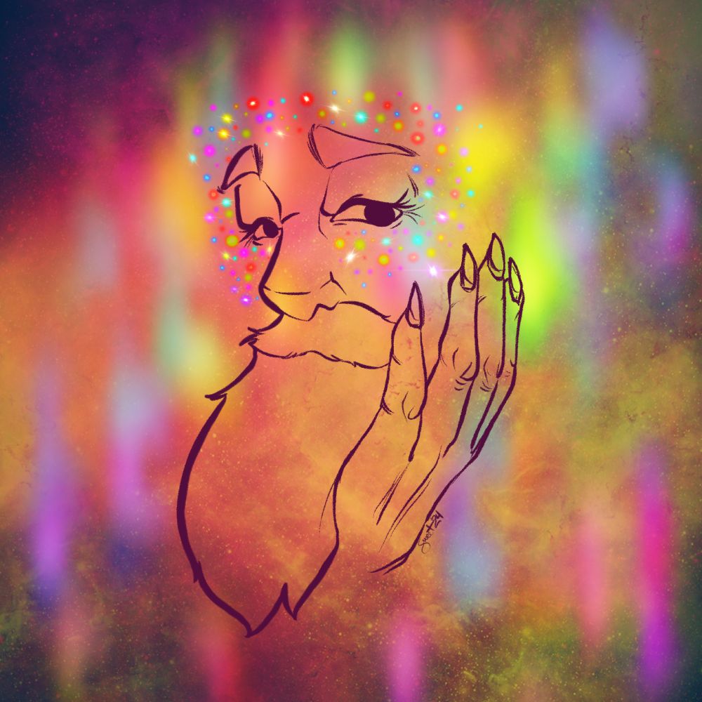 A picture of rainbow space clouds with a face peaking out. Manicured nails, a beard and some eyeliner. Colored stars surround their eyes.