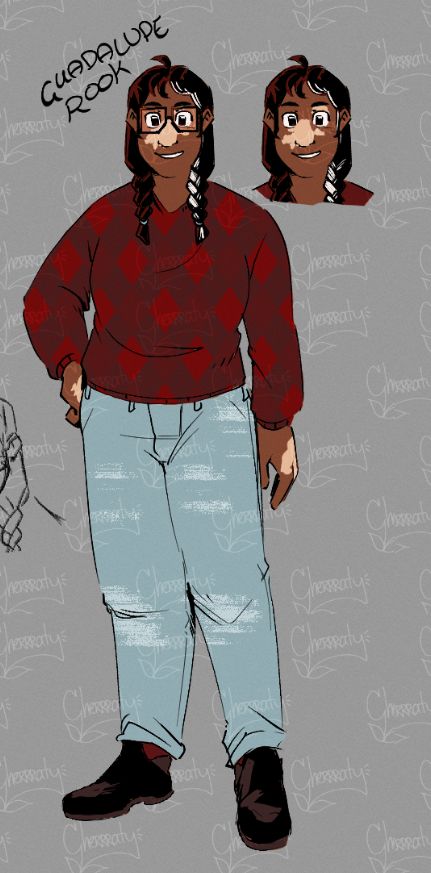 color drawing of a character, Guadalupe Rook, shown both with and without a large pair of square glasses.