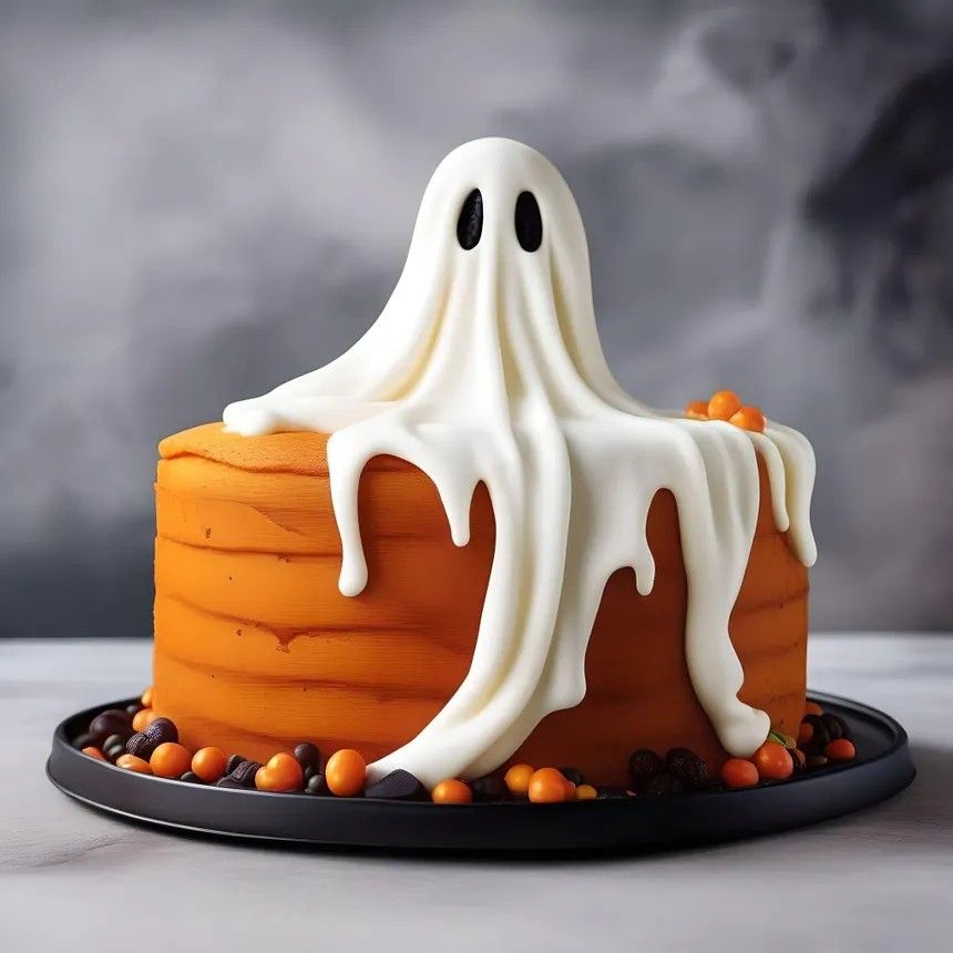 A cake with a white frosting ghost on top and dripping down the sides. Making me a bit nauseous to be honest.