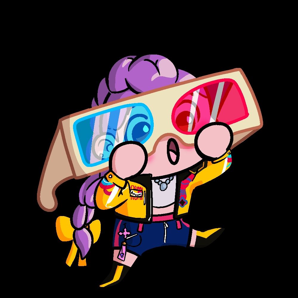 Rumi from kpop demon hunters in a chibi art style with giant 3d glasses on
