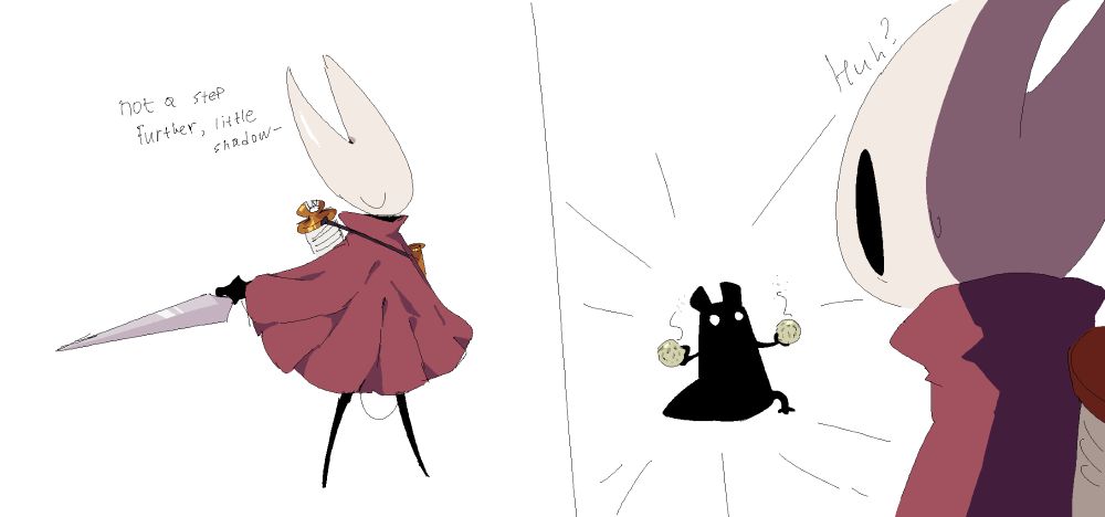 Comic strip with two frames. In the first frame Hornet from Hollow Knight is standing with her needle weapon pointed to the side. She has a white head with two horns and her black eyes are closed. She is wearing a red cape. Black limbs are visible from under the cape. Behind her back is a gold spool with white thread wound around it. She says, "Not a step further, little shadow-". In the next frame Hornet looks in surprise at a small black slugcat from the game Rain World whose name is Watcher. They have small white eyes, round ears, small paws, and a plump tail. They hold spore puffs in both paws. Spore puffs are objects in Rain World which spores kill insects. Hornet is an insect. "Huh?" says the text over her head.