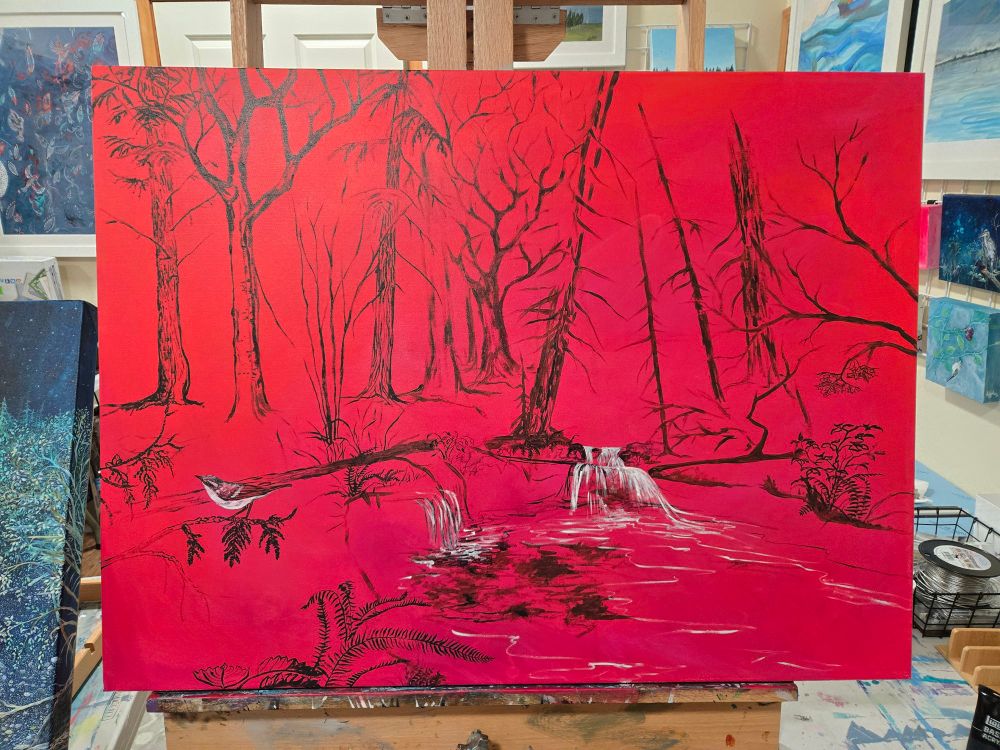 Waterfalls and ferns painting.