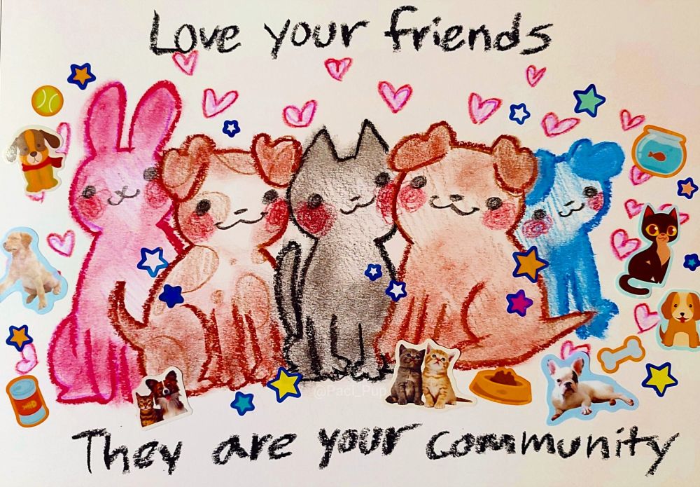 Drawing of puppies, a cat and a bunny with the caption; 