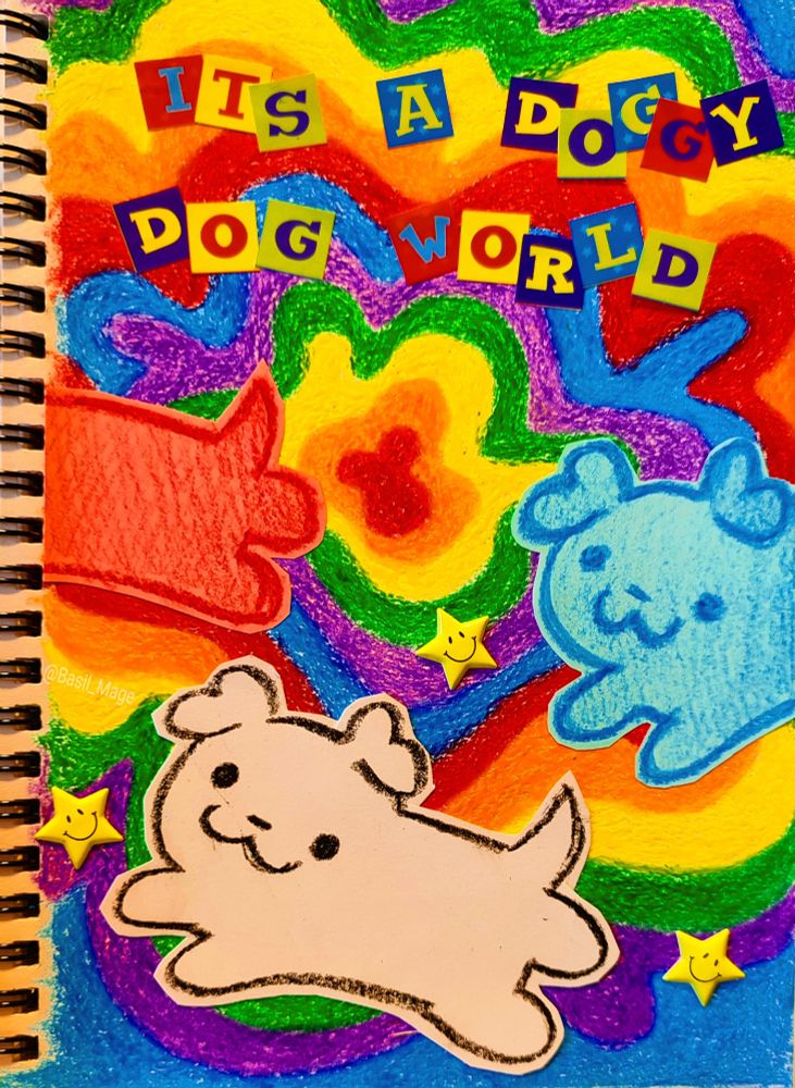 Drawings of puppies with a rainbow background and the caption; "It's a doggy dog world"