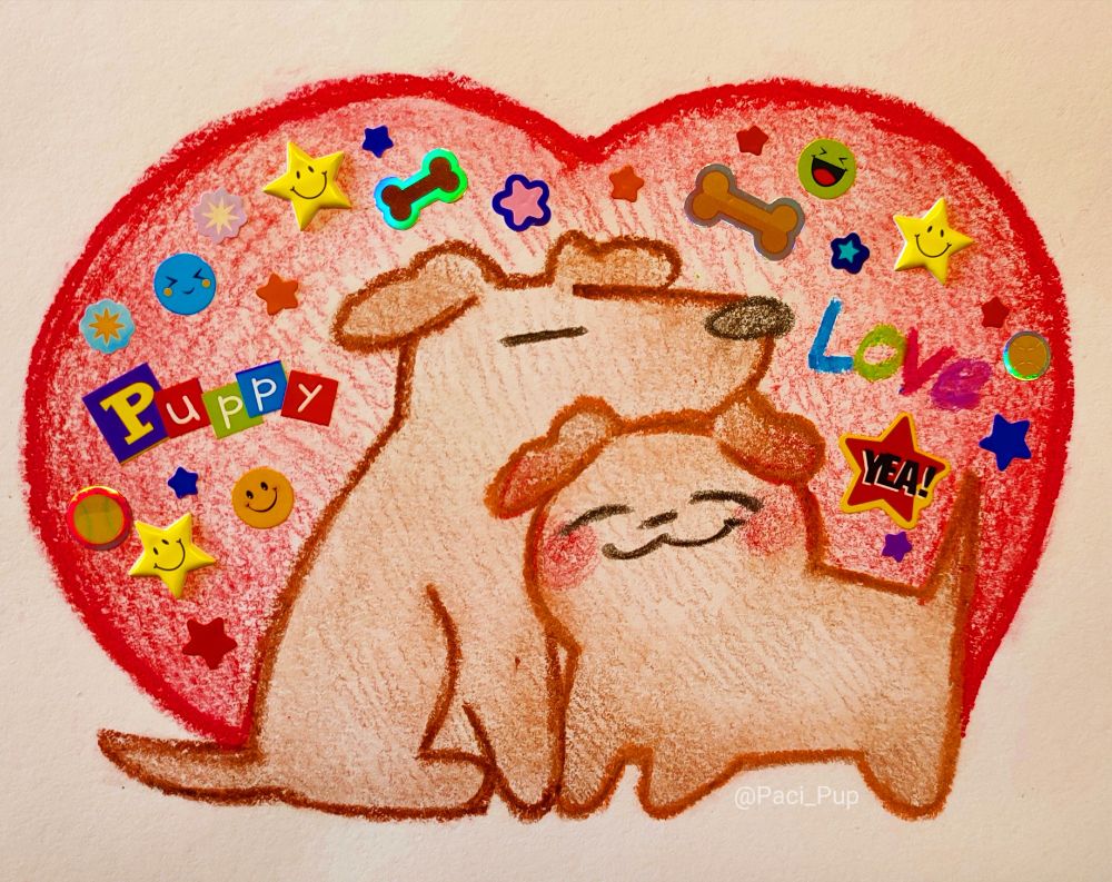 Drawing of two puppies with a heart background and the caption; "Puppy love"