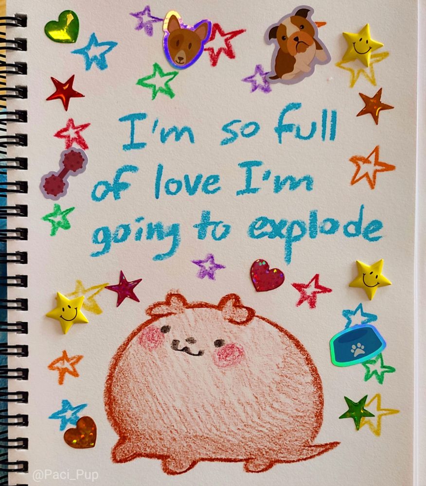 Very round puppy looks like he ate a golfball with the caption "I'm so full of love I'm going to explod" 