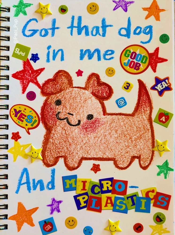 Drawing of a puppy with the caption; "Got that dog in me, and micro plastics"