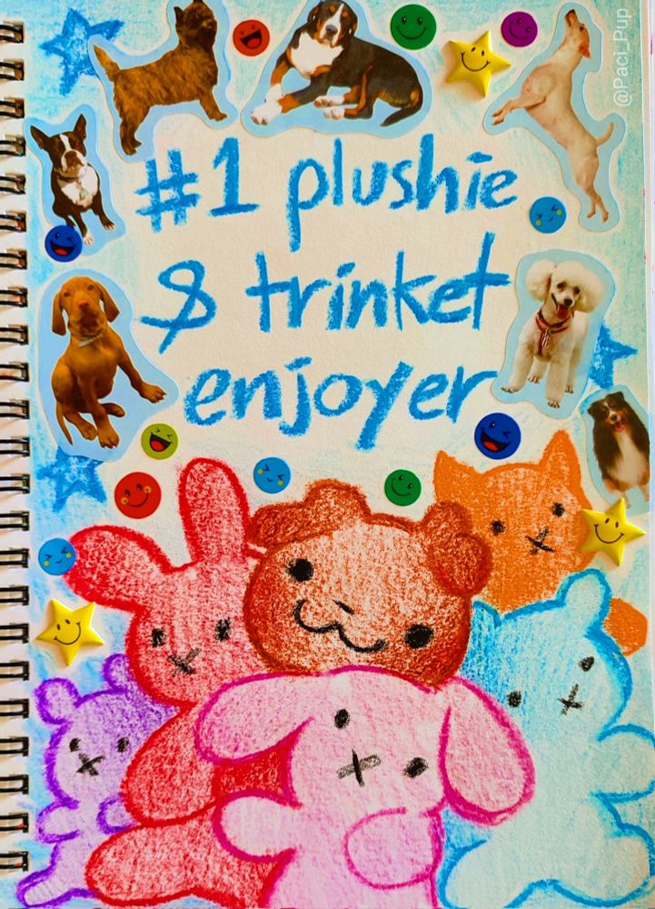 Drawing of a puppy surrounded by plushies with the caption; "number one plushie and trinket enjoyer"