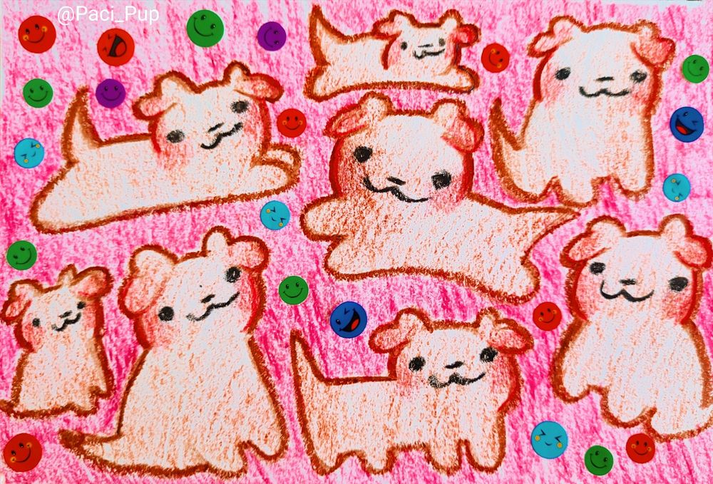 Various crudely drawn puppies with colorful happy face stickers and a red background 