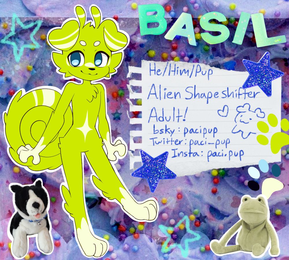Fursona reference sheet featuring a green anthro alien dog with a large curly tail. Next to him is a border collie plush and a frog plush. His name is Basil in big green letters