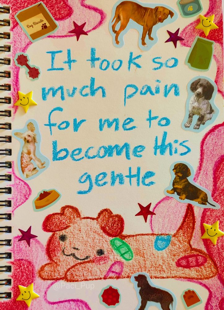 Drawing of a puppy covered in bandaids with the caption; "It took so much pain for me to become this gentle" 