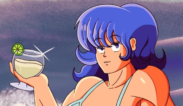 A cropped image of Luciana holding a drink in her hand in front of an ocean