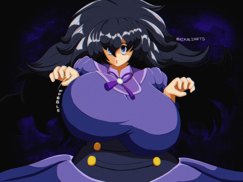 Anais is wearing a dark purple dress and her hair is colored black, dressed up as a hex maniac from pokemon legends Z-A. She’s placed in front of a dark background and has her hands raised in front of her to scare. Her gigantic breasts wobble and sway everywhere.
