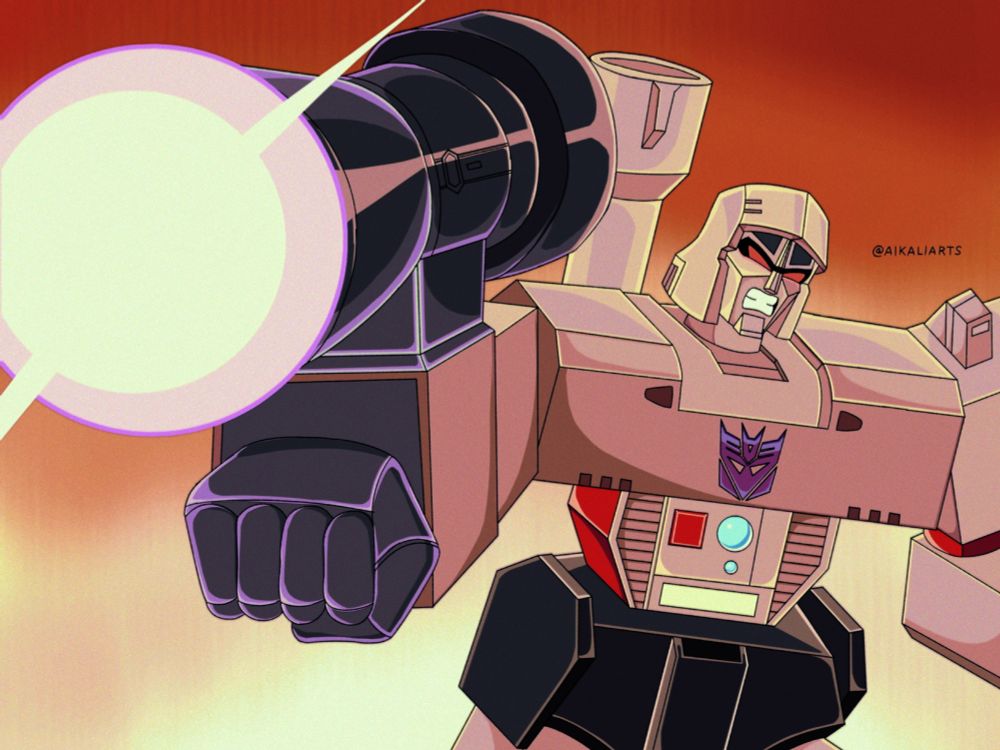 Megatron from Transformers Generation 1 in front of a fiery red background, holding a large Fusion Cannon attached to his arm, pointed toward the viewer. He is charging a shot with his teeth clenched together