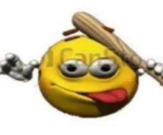 A very relatable image of a 3D yellow emoji hitting itself on the head with a baseball bat while sticking it's tongue out
