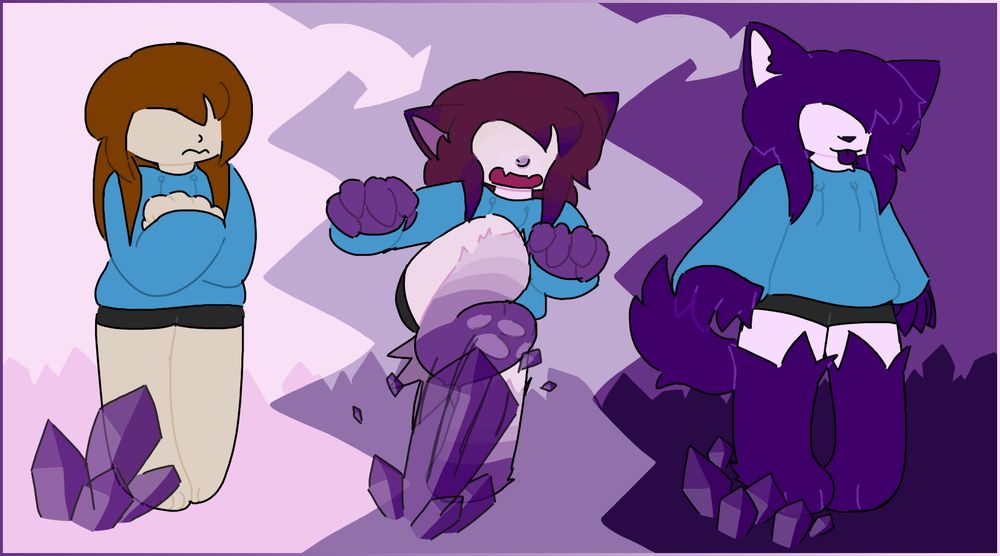 a comic strip with 3 "panels", using a continuous background that goes from lavender to dark purple instead of borders.

a girl with brown hair, black shorts, and a blue hoodie stands near a set of crystals. her hair isn't covering where her eyes would be, but they're not visible regardless. a few strands of her hair go down the front of her shoulders, while the rest falls down about half the back of her torso. she holds her hands to her chest with a wavy, nervous frown; attention at something nondescript in the distance.

then, the biggest crystal stabs at her. she reels back with a leg and arms raised as she starts growing light lavender fur across her skin. a layer of thicker purple fur starts from her appendages, reaching up to her knees and elbows and ending in subtle tufts. light pawpads are visibly forming on the sole of her raised foot. her hair changes color to the same purple--slightly faster at the ends--and big animal ears poke out of the sides, following the color of her hair. her mouth, opened in shock, has two small fangs growing inside. there's a darker spot of skin where her nose is changing shape to something more snout-like. behind her is a growing tail, also somewhat lavender but rapidly changing color to the same dark purple. it's bushy from the goosebumps.

the changes quickly finish. the crystals split into smaller ones and make a formation that curls around her foot in a half-arc. her hair and outer fur are now as thick and purple as they're going to get, while the fuzz on her skin has also grown in and is now a proper lavender. her tail and the tufts of fur from her "socks" are bigger. her hands keep the same structure as when she was human, except with claws. her ears sit on the top of her head, with lighter insides. one is lowered to the side. her nose is wide and triangular, just like an animal's. she stands more confidently now, with a slightly wider stance and her arms to her sides. she sticks her purple tongue out with a subtle smile.