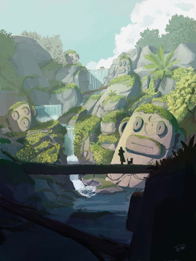 Paysage mystérieux de cascade tropicale avec des têtes sculptées dans la roche. Au premier plan une silhouette d’humain.e et d’un.e chie.ne