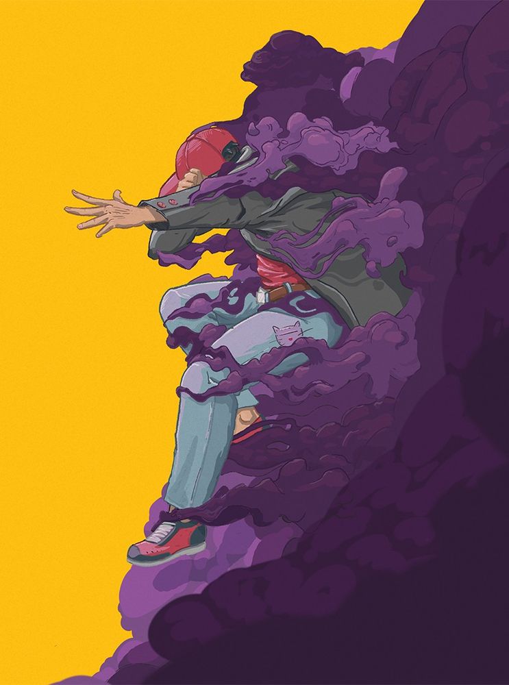 Une personne sortant d’une fumée violette, la main gauche en avant, se protégeant le visage