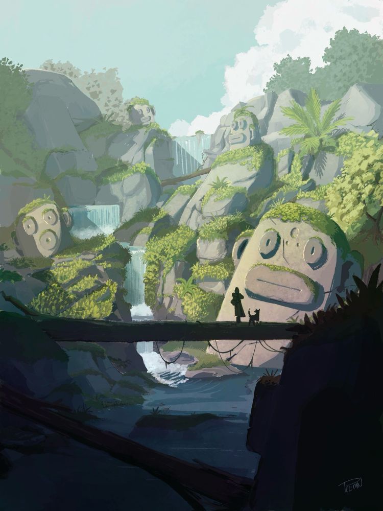 Illustration colorée d’une cascade faite de têtes de roche, avec au premier plan un.e voyageur.euse et un chien