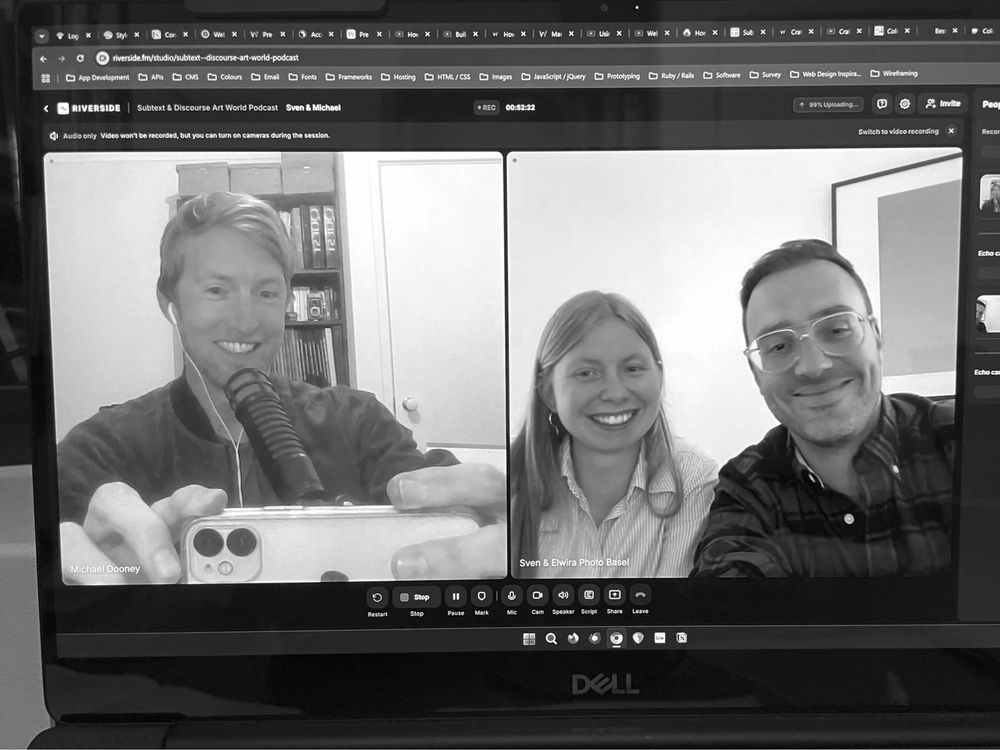 Screenshot of podcast recording with founder and director of Photo Basel, Sven Eisenhut-Hug and fair curator Elwira Spychalska, in conversation with Michael Dooney of Subtext & Discourse art world podcast, speaking about the 10th anniversary of Photo Basel. 