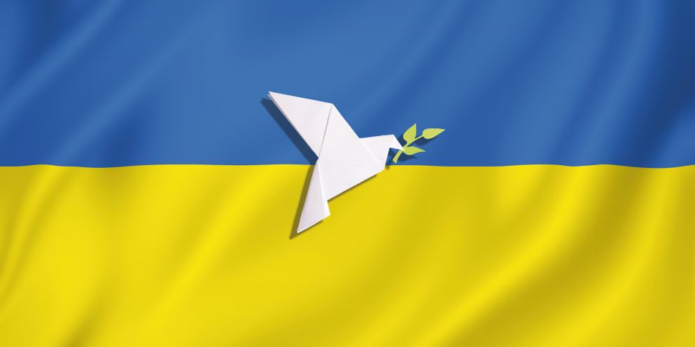 Ukrainian flag - a horizontal field of blue over a field of yellow. A peace dove in the middle.