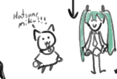 Cute Echo cat looking at Hatsune Miku and shouting "Hatsune Miku!!!" very happily. 