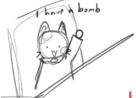 Echo pretending to do that one silly cat meme where the cat raises their hand and says "I have a bomb" while looking happy and silly.