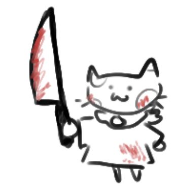 Small cat holding a large knife covered in what looks suspiciously like blood.