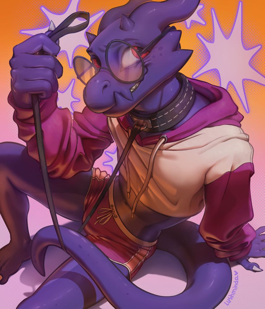 Fullbody drawing of my sona, Zali, wearing a crop top hoodie, short shorts and a leash, looking at the viewer with a flustered expression