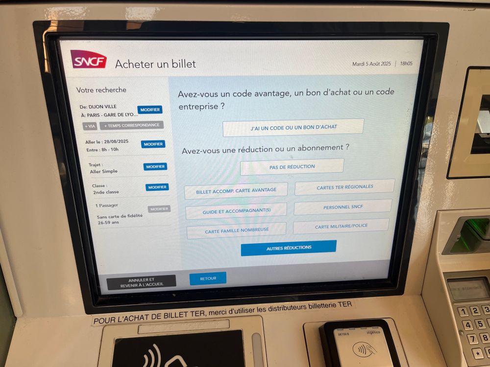 Menu with no Interrail reduction option 