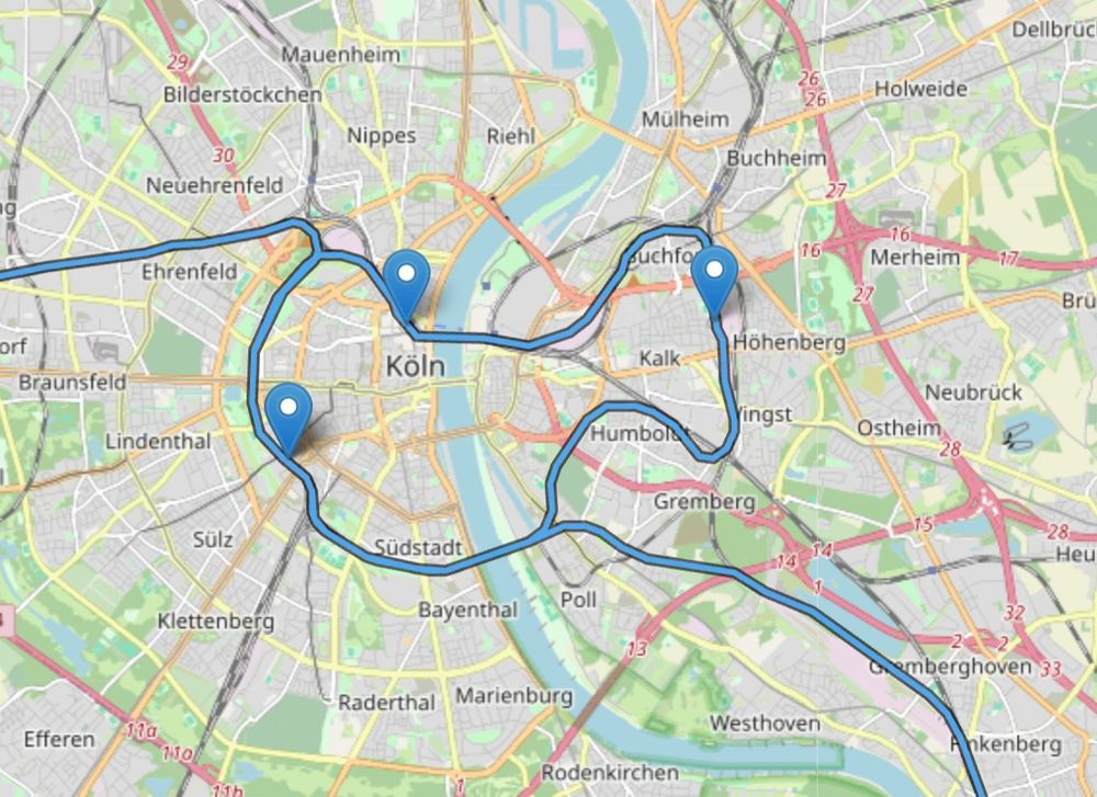 A rail map of Köln with a kind of circuit line around it