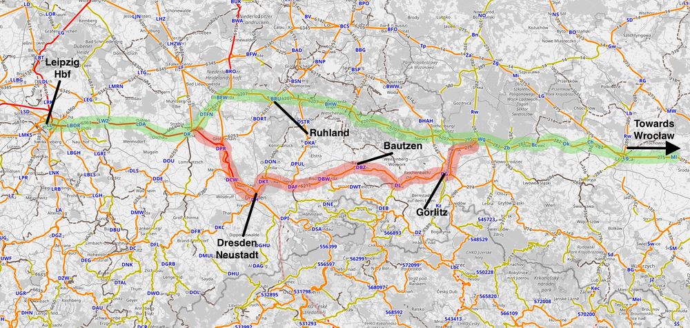 Amended map showing the green line branching off north earlier.