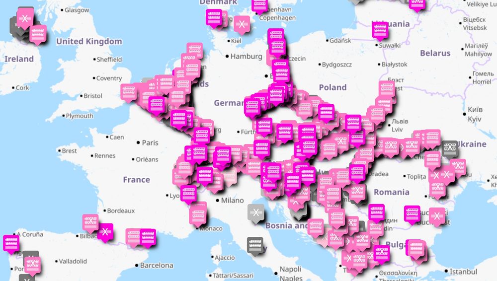Map with pins showing rail borders. Pink pins show places I have been, grey pins lines I am missing