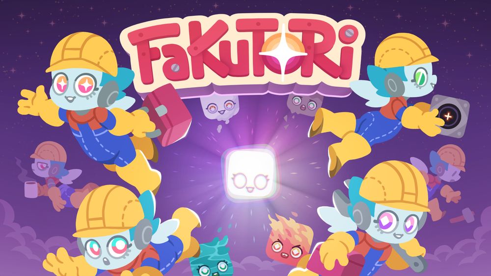 A keyart of the game Fakutori. There is a logo at the top, and a shiny white block right under it in the process of transforming into a legendary. Blocks of Fire, Water, Earth and Air are scattered around it. 4 flying wakas in the foreground are holding toolboxes, a wrench and a combiner, looking like they're emerging from the center, and 2 wakas in the background, including one trying to grab a falling hammer, and W-8075 holding a cup of coffee.