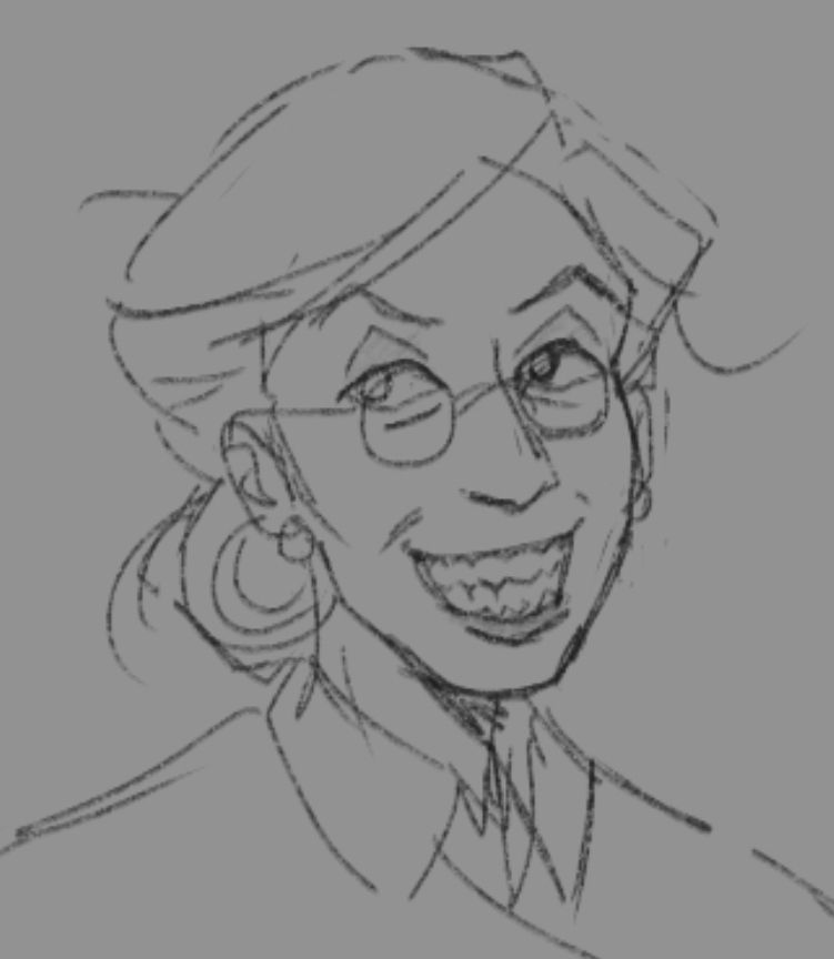 a female medic from TF2. she is grinning widely and looking off to the side with a mischievous expression