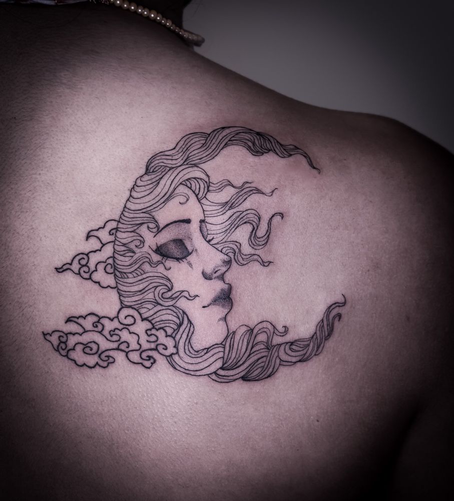 tattoo, moon, moon tattoo, female moon, line art, line art moon, tattoo artist