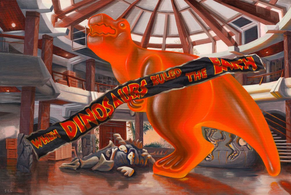 A colourful pop art painting of the iconic last scene in Jurassic Park where a giant gummy lolly T-Rex roars in the rotunda with the banner "when dinosaurs ruled the earth" falls to the ground. 