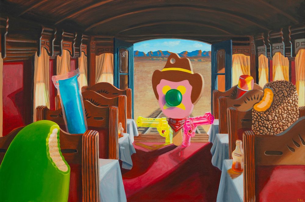 A bright pop art painting of a bubble O Bill ice cream holding up a train of other ice cream characters 