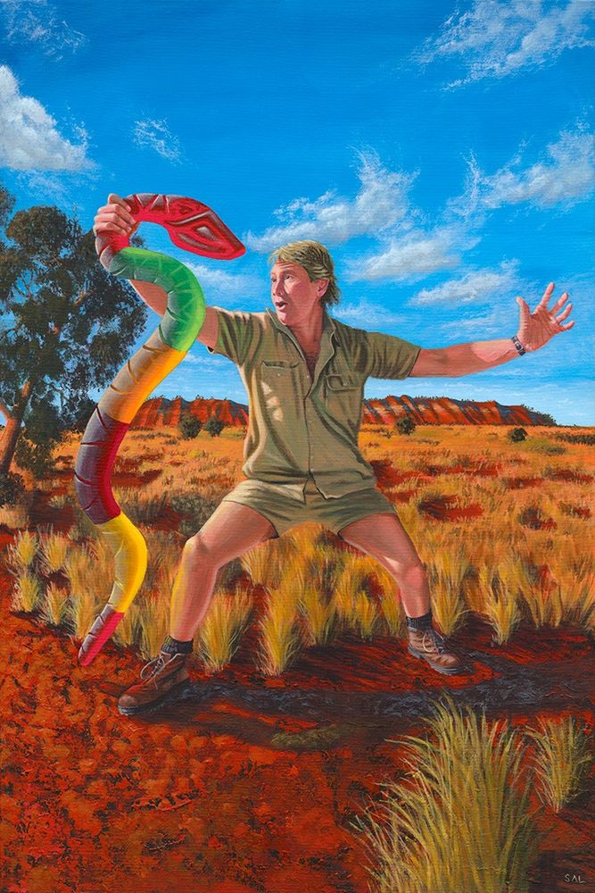 A bright pop art painting of an Australian landscape with Steve Irwin holding a giant gummy snake 🐍
