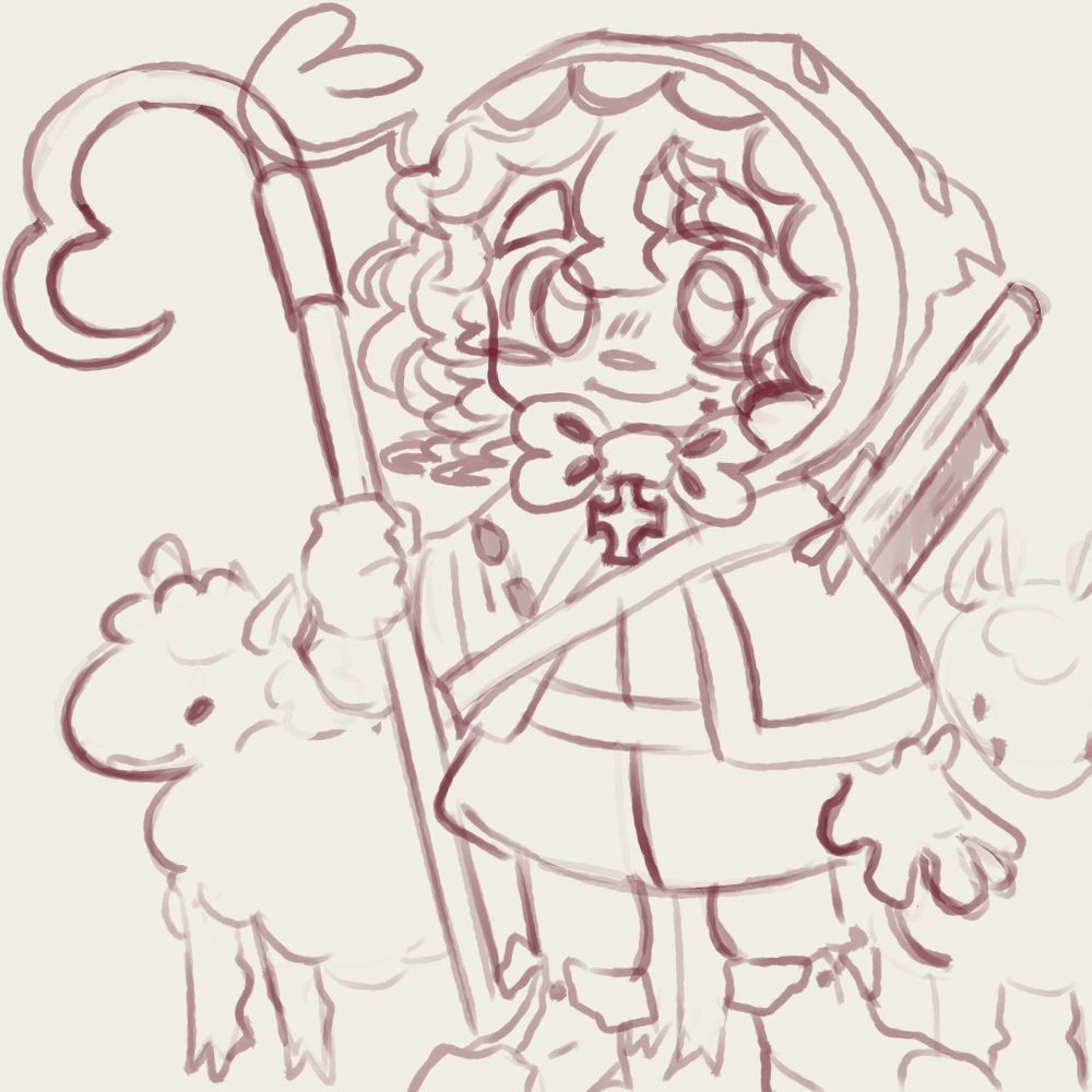 Mary Magdalena. A transgender girl shepherd with her flock. She has a hooded cloak, dress, a cross-shaped clasp, and a shotgun on her back. Her shepherding crook is shaped like a heart. There are many heart motifs in her design.
